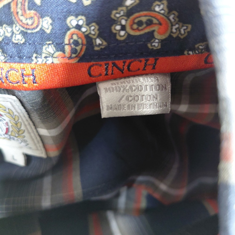 Cinch Mens Large Long Sleeve Button Down Shirt Blue Orange Plaid Paisley Trim - Picture 4 of 13